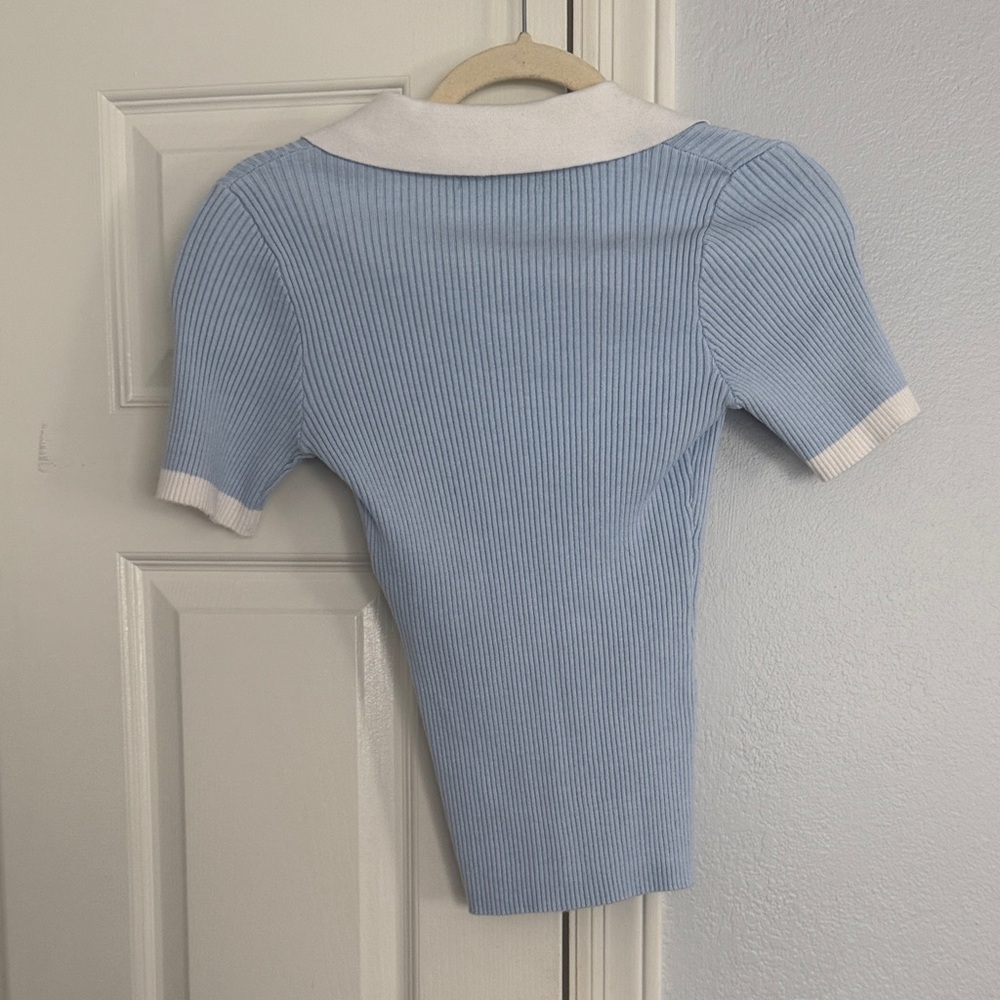 Sky Blue Ribbed Polo Blouse - Picture 3 of 3
